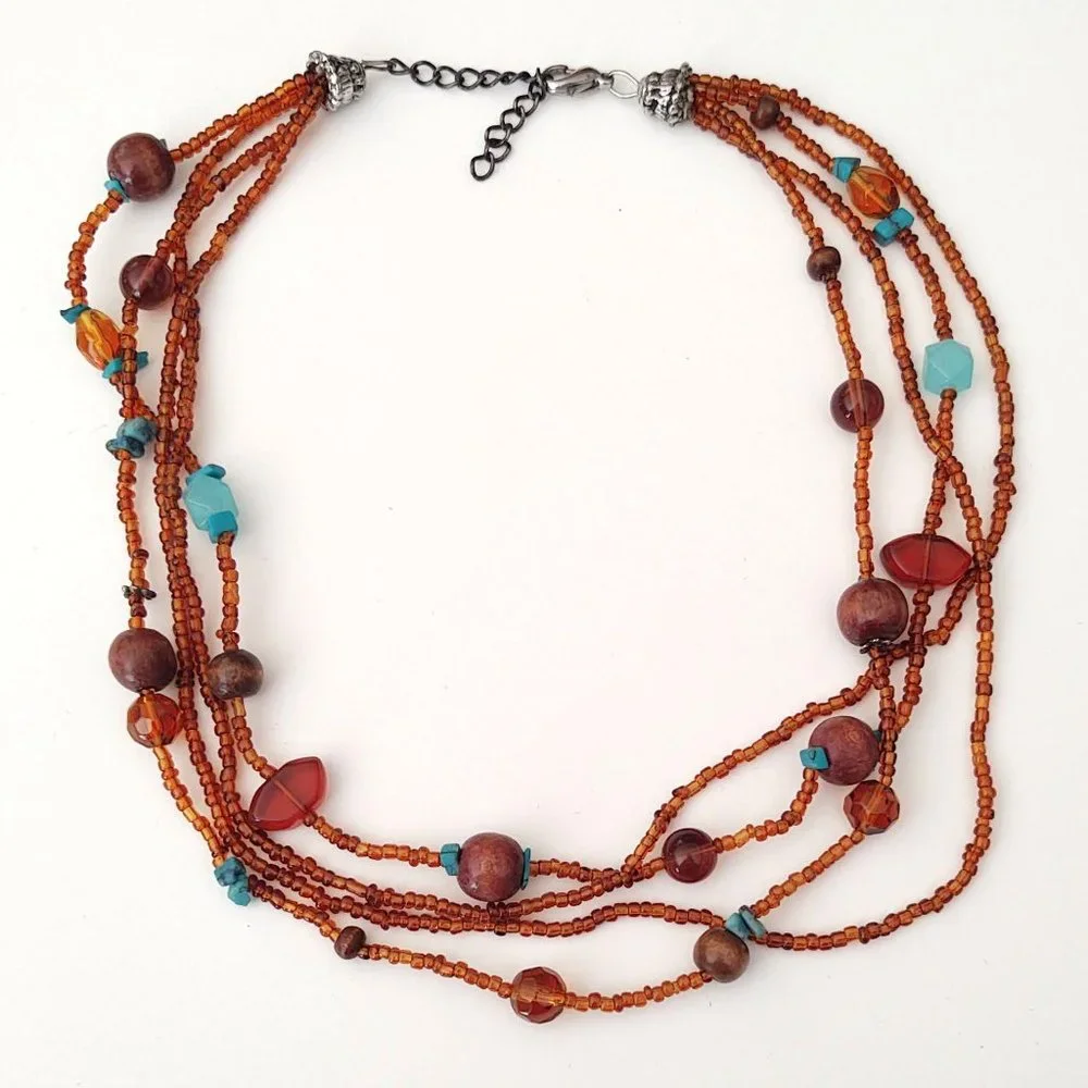Amber and blue tones-seed bead and wood bead multi strand necklace